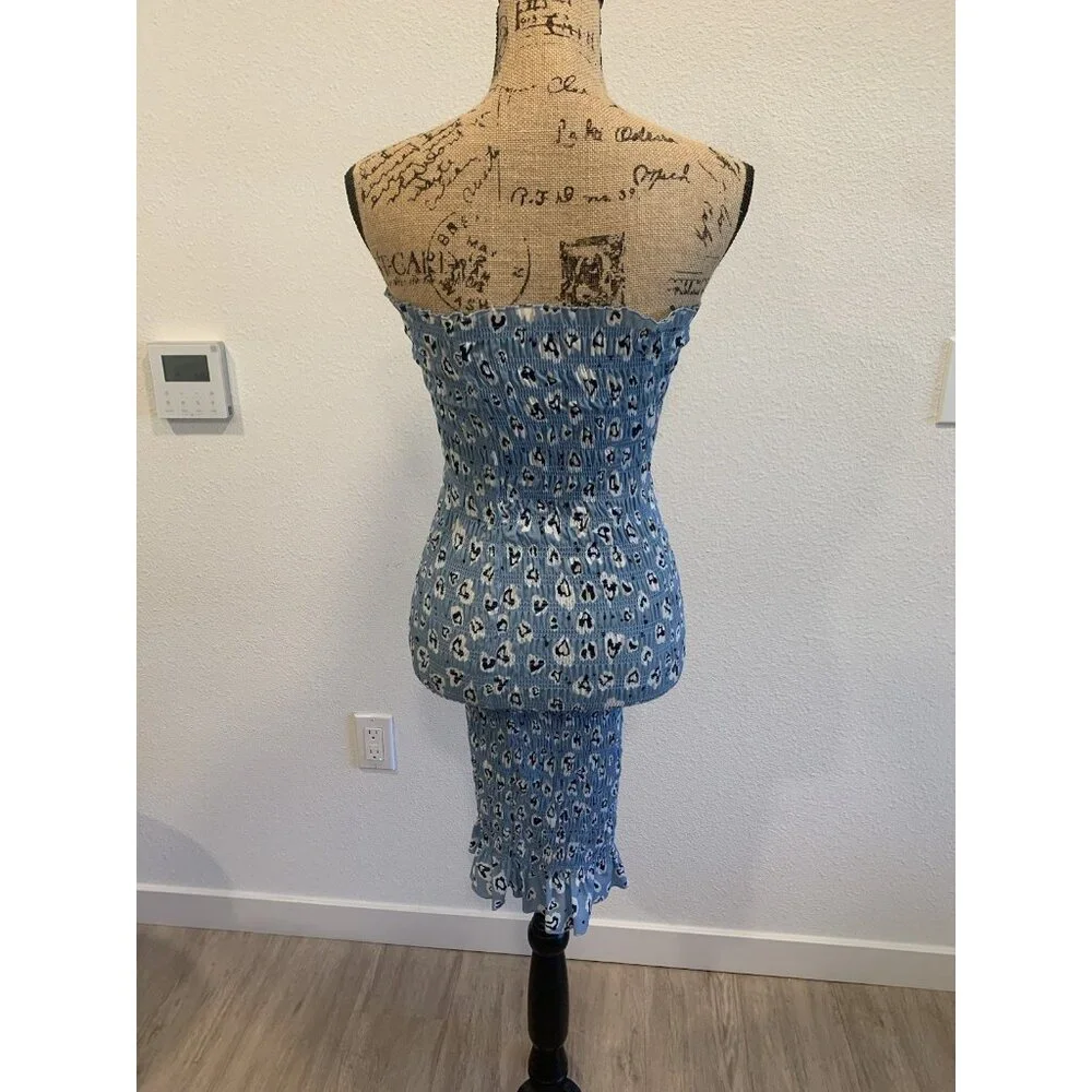 (A-26)Women's Strapless Blue Floral Midi Dress Size‎ S New Fully Dressed Stretch